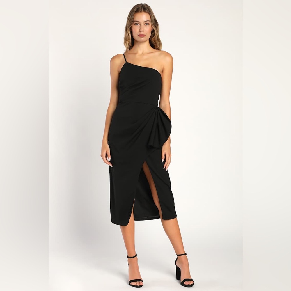 Lulus Black One Shoulder Midi Dress Draped Cocktail Formal Size Medium
